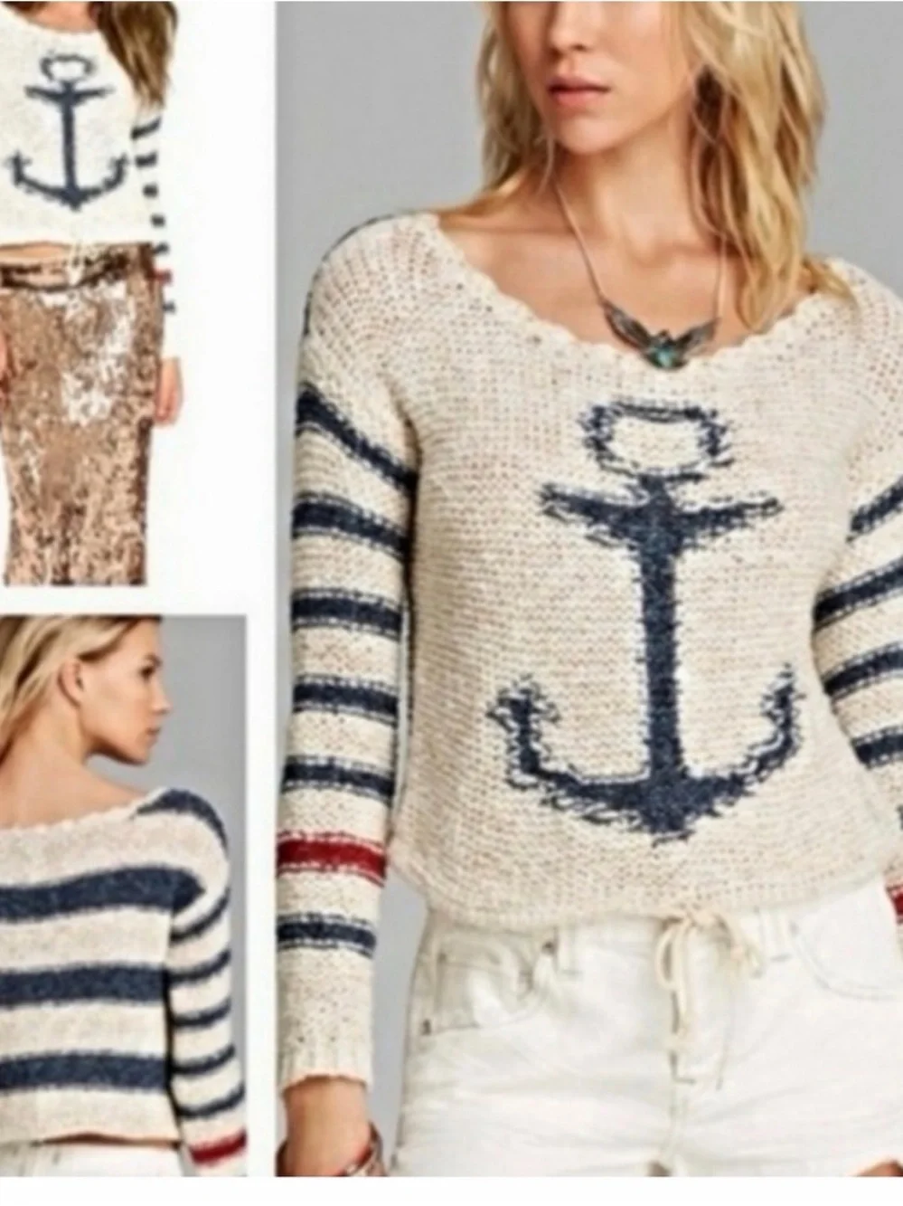 Free People Nautical Anchor Knit Sweater - Cream with Navy & Red size M - Picture 3 of 6